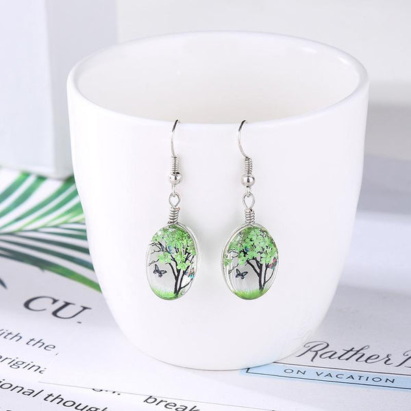 Butterfly Wishing Tree Glass Dried Flower Long Drop Earrings